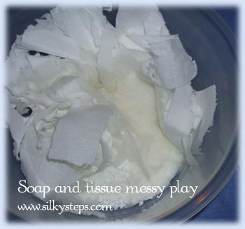 Mix tissue and grated soap for a tactile preschool messy play activity