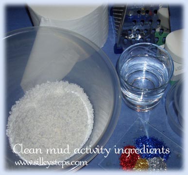 Ingredients to make preschool clean mud whipped snow soap clay